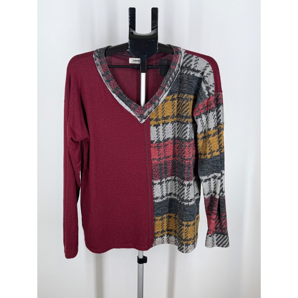 Adora Womens Burgundy Plaid Colorblock V-Neck Long Sleeve Brushed Knit Top L